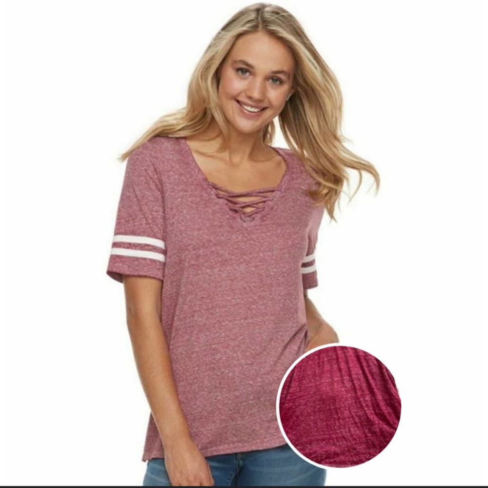SO Lace-Up Varsity Shirt Tee Crisp Merlot Juniors Size XS Maroon Women’s @ - Picture 1 of 8